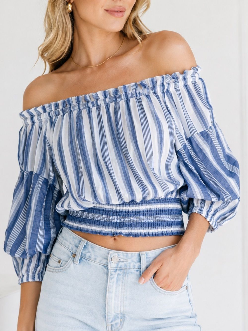 Suboo Blue White Striped Off Shoulder Top Sz. 8